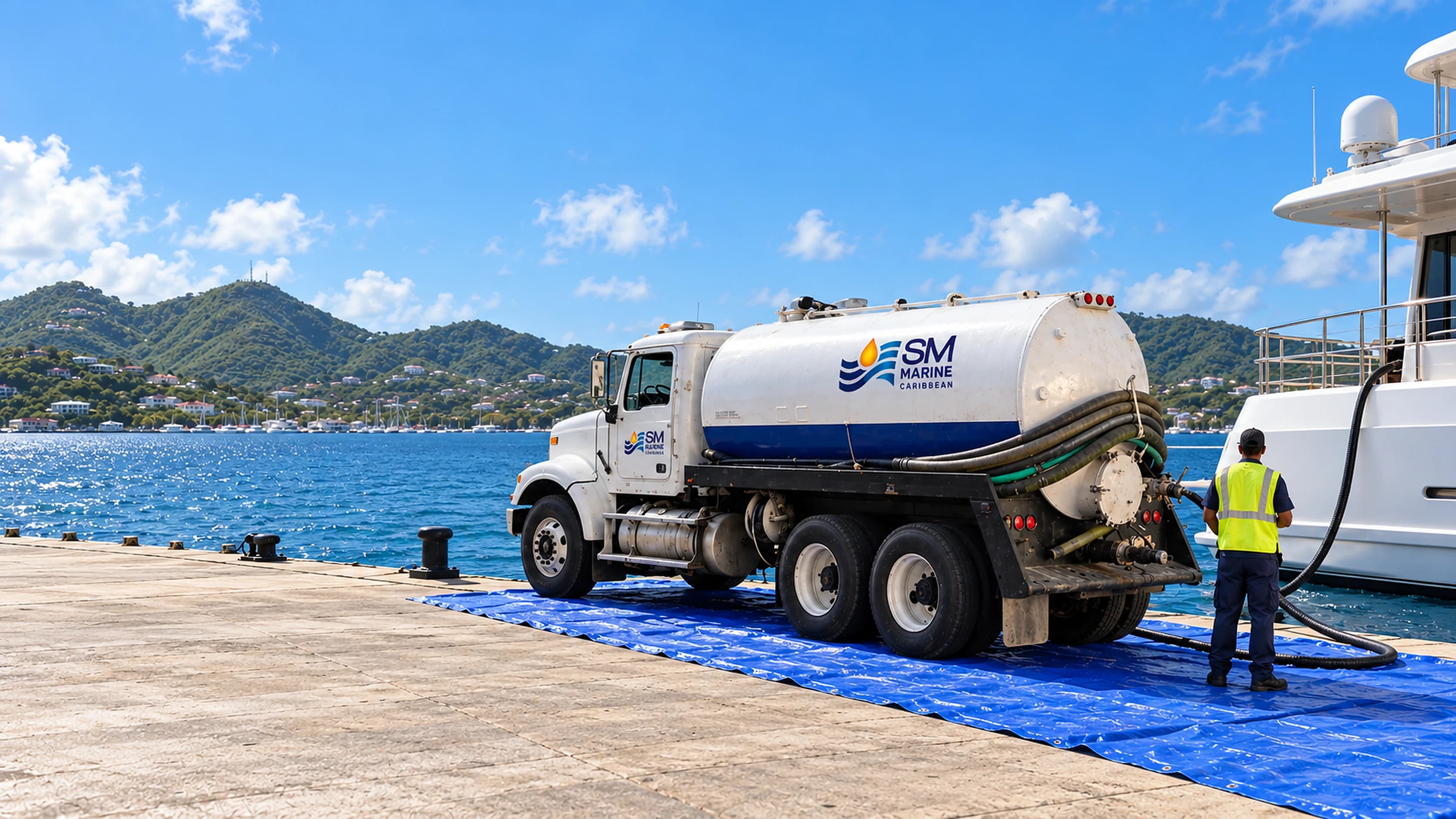 Illustration of an SM Marine Caribbean vacuum truck collecting waste beside a yacht